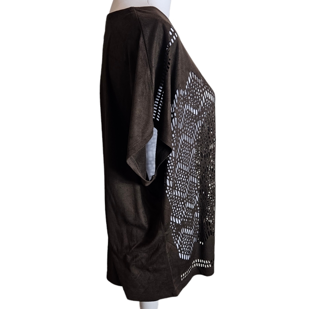 Chicos Chocolate Brown Ultra Suede Coquette Top Size 2 US 12 Large Sheer Blouse - Picture 4 of 12